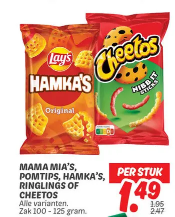 Aanbieding: Mama mia's, pomtips, hamka's, ringlings of Cheetos 