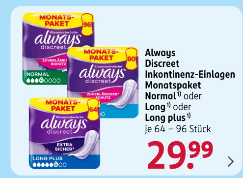 Aanbieding: Always Discreet Inkontinenz-Einlagen Monatspa