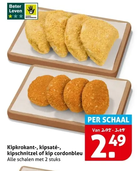 Aanbieding: Kipkrokant-, kipsaté-, kipschnitzel of kip cordonblue