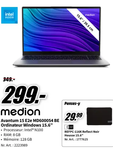 Offre: Medion Avantum 15 E2e MD600054 BE Ordinateur 