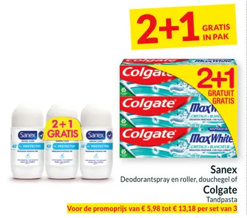 Aanbieding: Sanex Deodorantspray en roller, douchegel of Colgate tandpasta