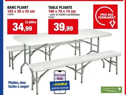 Offre: Garden Plus banc pliant 183x30 cm