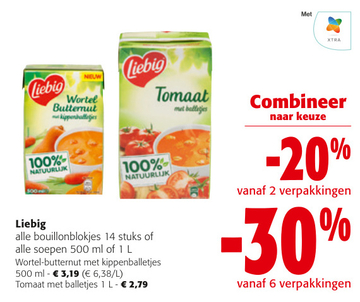 Aanbieding: Liebig alle bouillonblokjes of alle soepen Combineer naar keuze - 20 % vanaf 2 verpakkingen - 30 % vanaf 6 verpakkingen