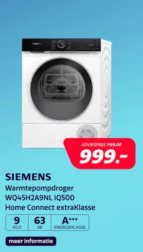 Aanbieding: Siemens Warmtepompdroger WQ45H2A9NL IQ500 Home Connect extraKlasse