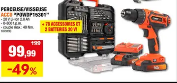 Offre: Powerplus Dual Power POWDP15301 perceuse-visseuse sans fil 20V Li-Ion + 2 batteries + chargeur + 78 accessoires