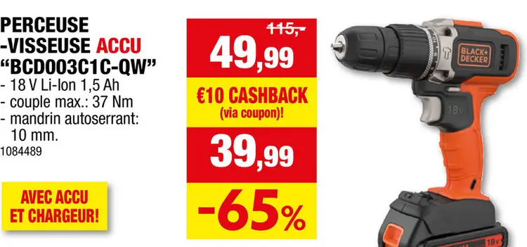 Offre: Black+Decker BCD003C1C-QW perceuse-visseuse à percussion sans fil 18V Li-Ion + chargeur
