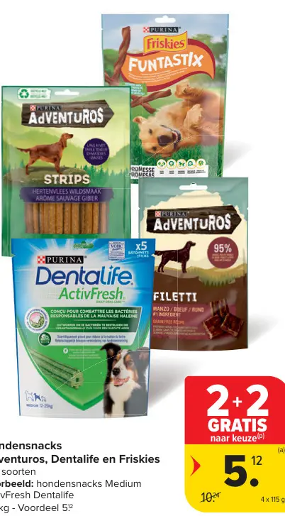 Offre: Hondensnacks Adventuros, Dentalife en Friskies