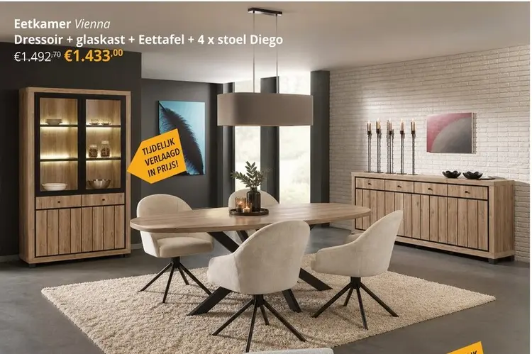 Promotie: Eetkamer VIENNA: Dressoir + Glaskast B238 + Tafel 190x95 + 4x Stoel DIEGO Bruin