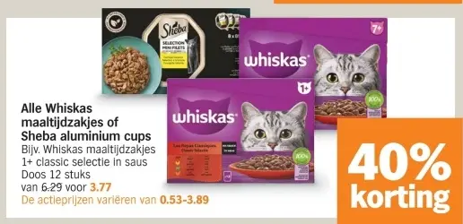 Aanbieding: Whiskas maaltijdzakjes of Sheba aluminium cups