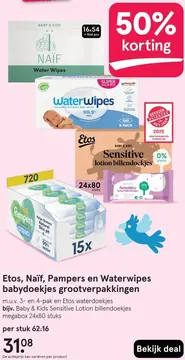 Aanbieding: Etos, Naïf, Pampers en Waterwipes babydoekjes grootverpakkingen