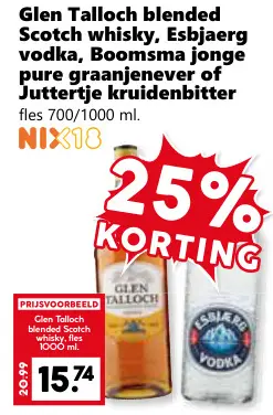 Aanbieding: Glen Talloch blended Scotch whisky, Esbjaerg vodka, Boomsma jonge pure graanjenever of Juttertje kruidenbitter