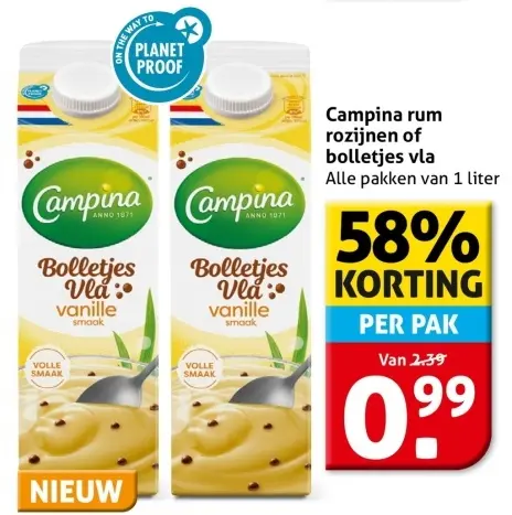 Aanbieding: Campina rum rozijnen of bolletjes vla