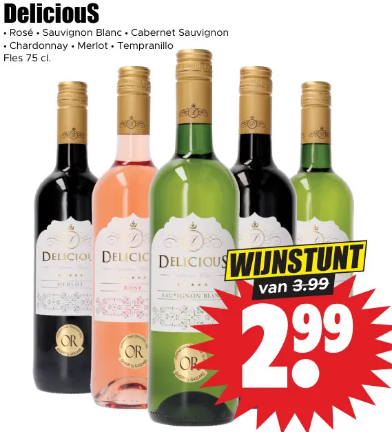 Aanbieding: Delicious Rosé, Sauvignon Blanc, Cabernet Sauvignon, Chardonnay, Merlot of Tempranillo