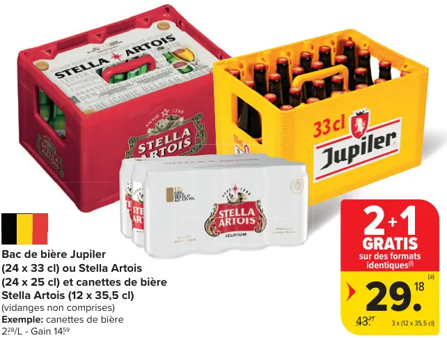 Offre: Bac de bière Jupiler ou Stella Artois et canettes de biere