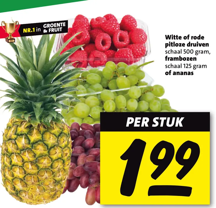 Aanbieding: Witte of rode pitloze druiven, frambozen of ananas