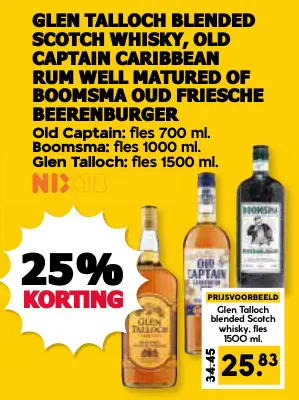 Aanbieding: Glen Talloch Blended Scotch Whisky, Old Captain Caribbean rum well matured of Boomsma oud Friesche Beerenburger