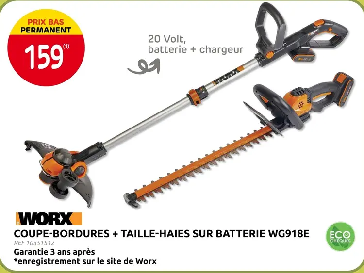 Offre: Coupe-bordures + taille-haies sur batterie WG918E