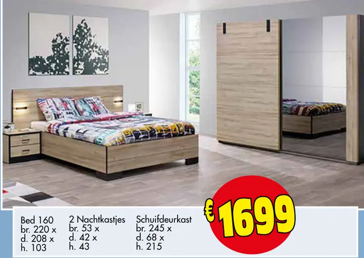 Promotie: Bed 160, 2 Nachtkastjes, Schuifdeurkast