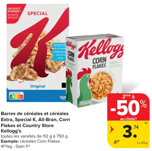 Offre: Barres de céréales et céréales Extra, Special K, All-Bran, Corn Flakes et Country Store Kellogg's