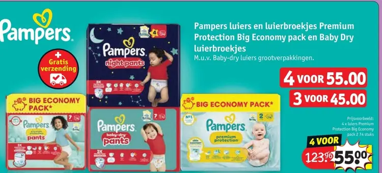 Aanbieding: Pampers luiers en luierbroekjes Premium Protection Big Economy pack en Baby Dry luierbroekjes