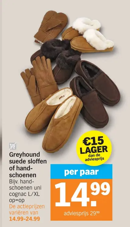 Aanbieding: Greyhound suede sloffen of handschoenen