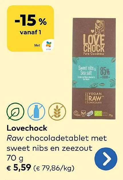 Aanbieding: Lovechock Raw chocoladetablet met sweet nibs 
