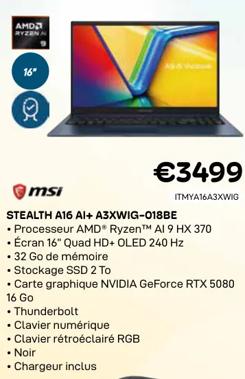Offre: Msi stealth a16 ai+ a3xwig-018be