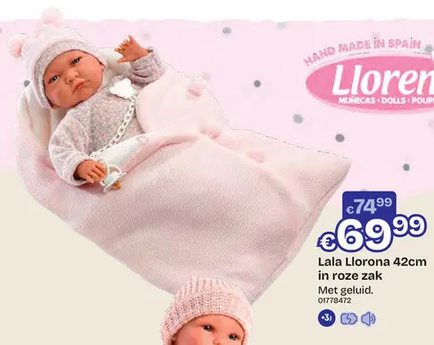 Aanbieding: Lala Llorona in roze zak met geluid 42cm