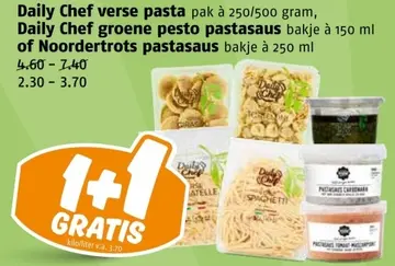Aanbieding: Daily Chef verse pasta, Daily Chef groene pesto pastasaus of Noordertrots pastasaus