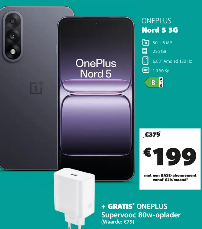 Promotie: OnePlus Nord 5 5G + Supervooc 80w-oplader