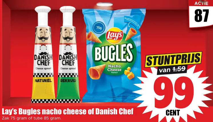 Aanbieding: Bugles nacho cheese of Danish Chef