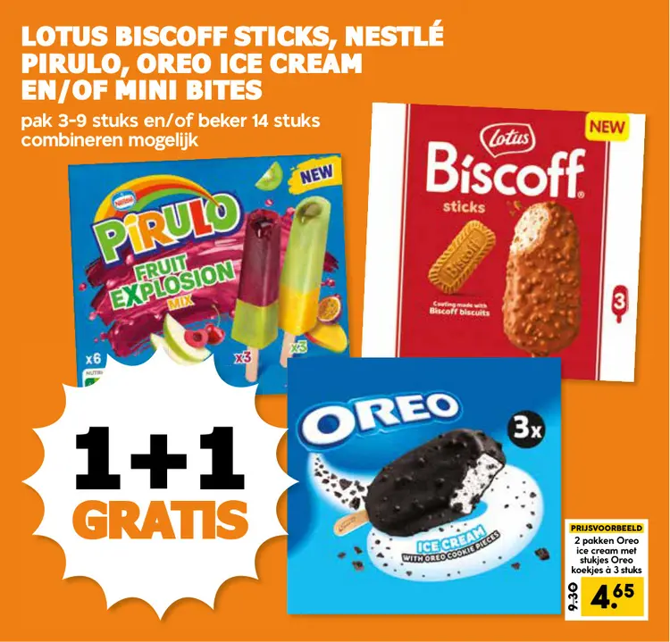 Aanbieding: Biscoff sticks, Nestle Pirulo, Oreo ice cream en/of mini bites