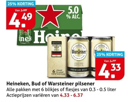 Aanbieding: Heineken, Bud of Warsteiner pilsener