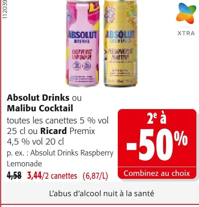 Offre: Absolut Drinks ou Malibu Cocktail ou Ricard
