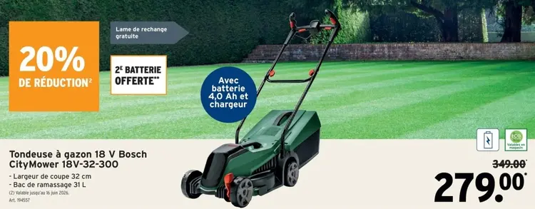 Offre: Tondeuse à gazon 18 V Bosch CityMower 18V-32-