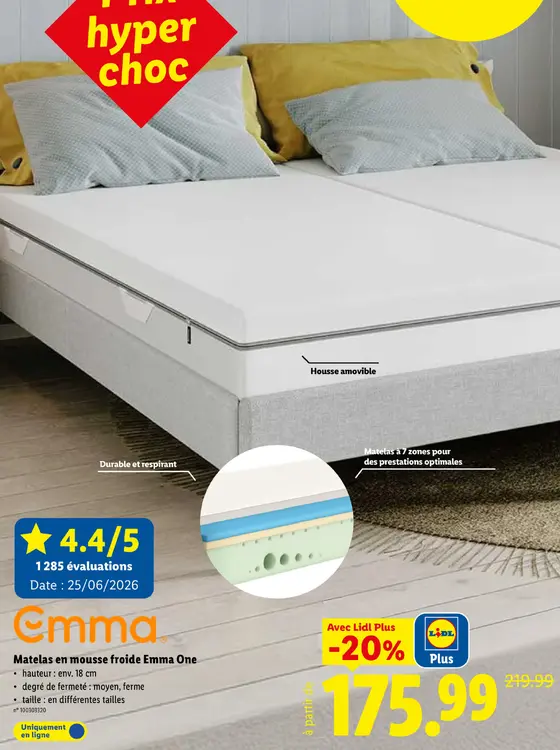 Offre: Matelas en mousse froide Emma One