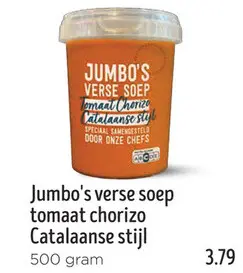 Aanbieding: Jumbo's verse soep tomaat chorizo Catalaanse stijl