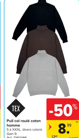 Offre: Pull col roulé coton homme