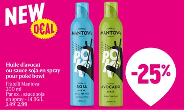 Offre: Huile d'avocat ou sauce soja en spray pour po