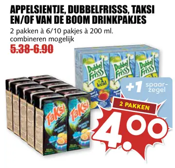 Aanbieding: Appelsientje, DubbelFrisss, Taksi en/of Van de Boom drinkpakjes
