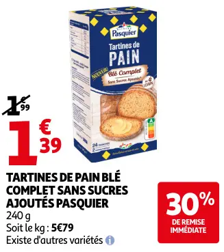 Offre: Tartines de pain blé complet sans sucres ajoutés