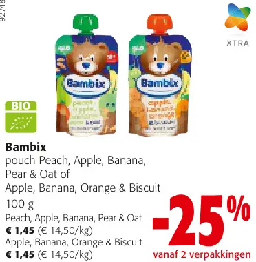 Promotie: Pouch Peach, Apple, Banana, Pear & Oat of Apple, Banana, Orange & Biscuit
