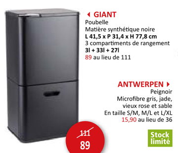 Offre: Poubelle avec compartiment de rangement Giant 3L+33L+27L noir