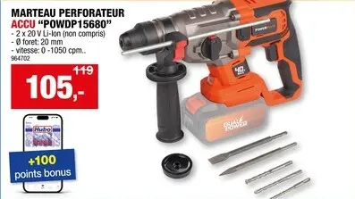 Offre: Powerplus Dual Power POWDP15680 marteau-perforateur sans fil 2x20 V batterie non comprise