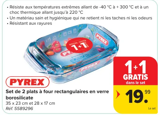 Offre: Set de 2 plats à four rectangulaires en verre borosillcate