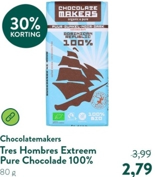 Aanbieding: Chocolatemakers Tres Hombres Extreem Pure Chocolade 100% - 80g
