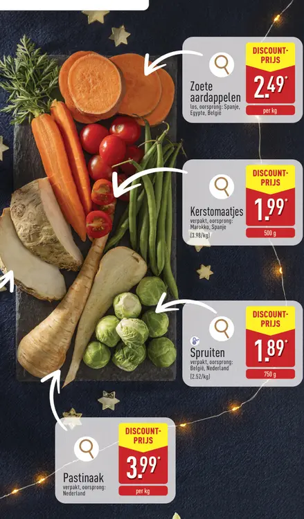 Aanbieding: Zoete aardappelen, kerstomaatjes, spruiten, pastinaak