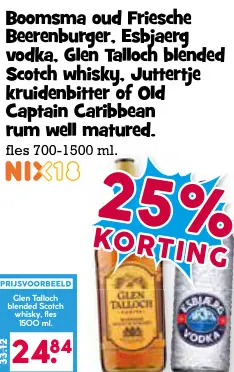 Aanbieding: Oud Friesche Beerenburger, Esbjaerg vodka, Glen Talloch blended Scotch whisky, Juttertje kruidenbitter of Old Captain Caribbean rum well matured