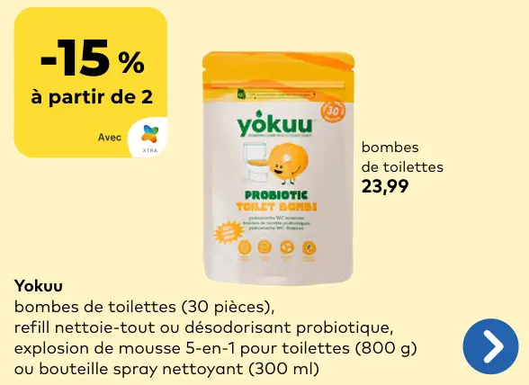 Offre: Bombes de toilettes, refill nettoie-tout ou désodorisant probiotique, explosion de mousse 5-en-1 pour toilettes ou bouteille spray nettoyant