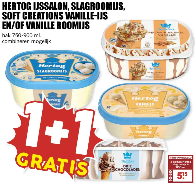 Aanbieding: Hertog Ijssalon, slagroomijs, soft creations vanille-ijs en/of vanille roomijs
